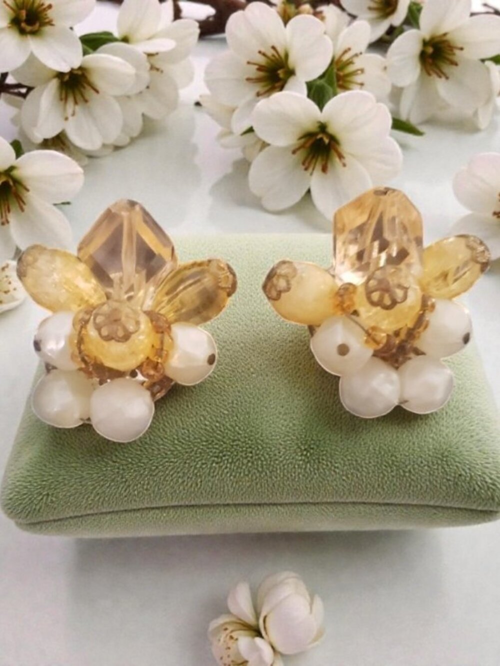 West Germany Vintage Yellow Crystal and Pearl Cluster Clip-on Earrings